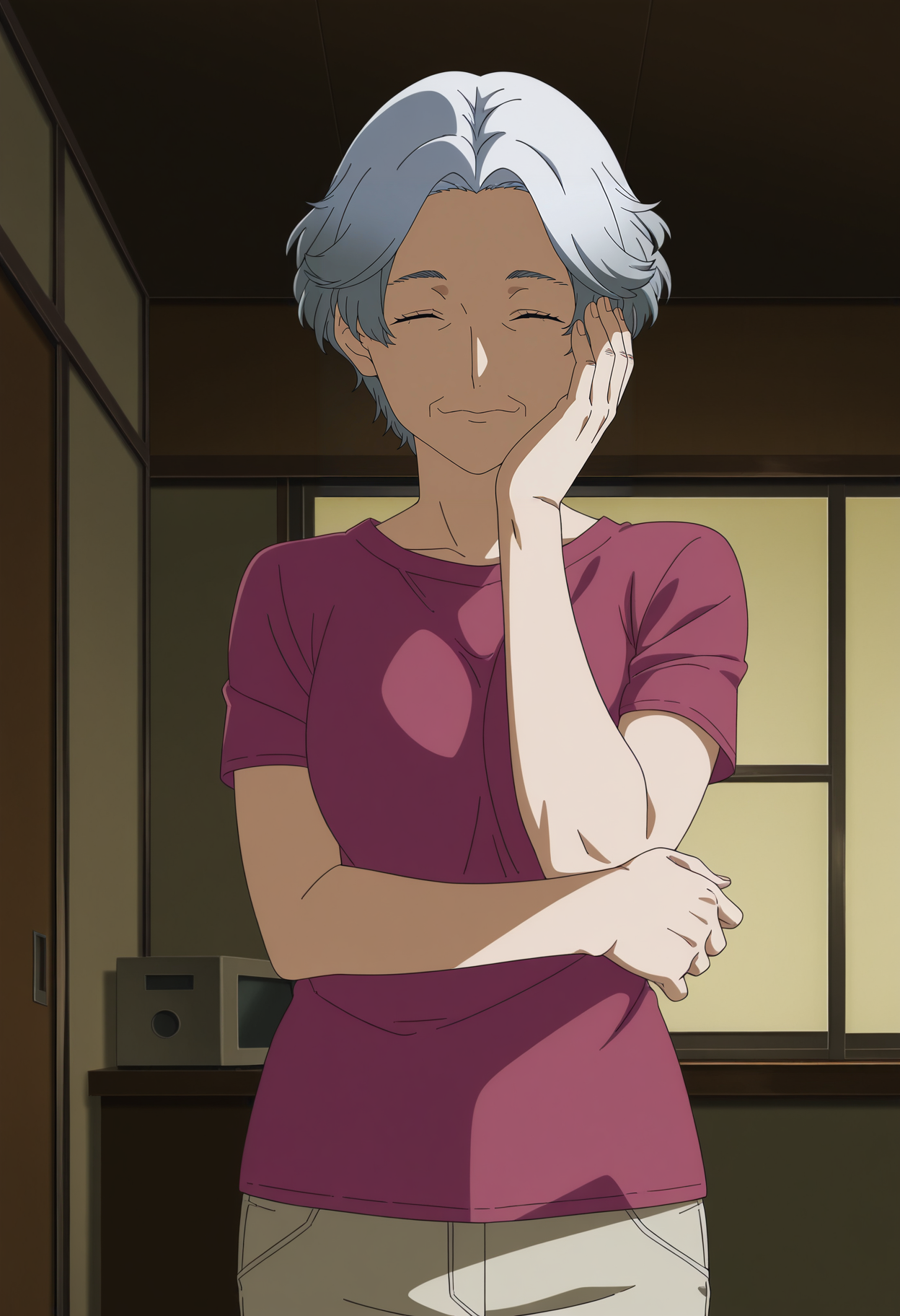 1girl,solo,mm,old woman,grey hair,short hair,closed eyes,anime coloring,
t-shirt,pants,cowboy shot, hand on own face,hand on own arm, looking at viewer, indoors
,masterpiece,best quality,amazing quality,<lora:Masako_Saeki-Blue_Period:0.8>