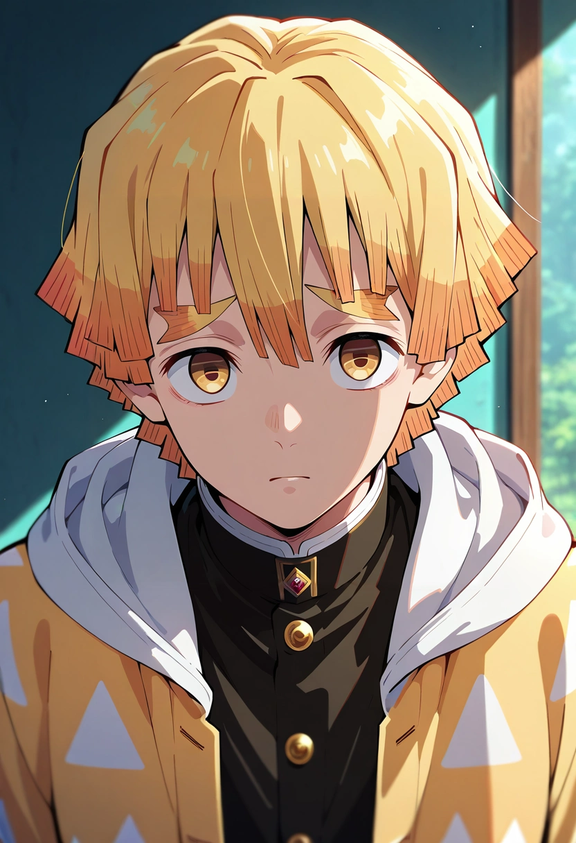 masterpiece, best quality, , , looking at viewer, depth of field, 1boy, solo, male focus, <lora:zenitsu_agatsuma_ilxl:0.92>, zenitsu_agatsuma, blonde hair, yellow eyes, short hair, bangs, ,