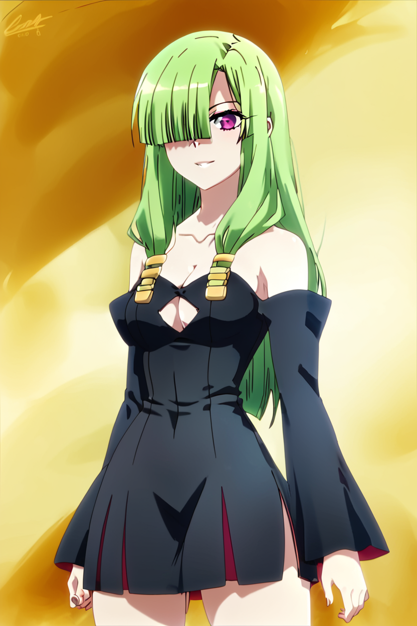 score_9, score_8_up, score_8, medium breasts, (curvy), cute, eyelashes,       ,,, , ,,, zzDoll, purple eyes, green hair, long hair, hair over one eye, bare shoulders, cleavage, detached sleeves, black dress, clothing cutout, <lora:DollTenchi_PDXL:1>,,,, BREAK, smile, looking at viewer, cowboy shot, ,,, embedding:zPDXL, Expressiveh, ,,, <lora:PrismaIllya_PDXL_v3:1.0>, <lora:SDXLFaeTastic2400:0.5>, <lora:Expressive_H-000001:0.4>,