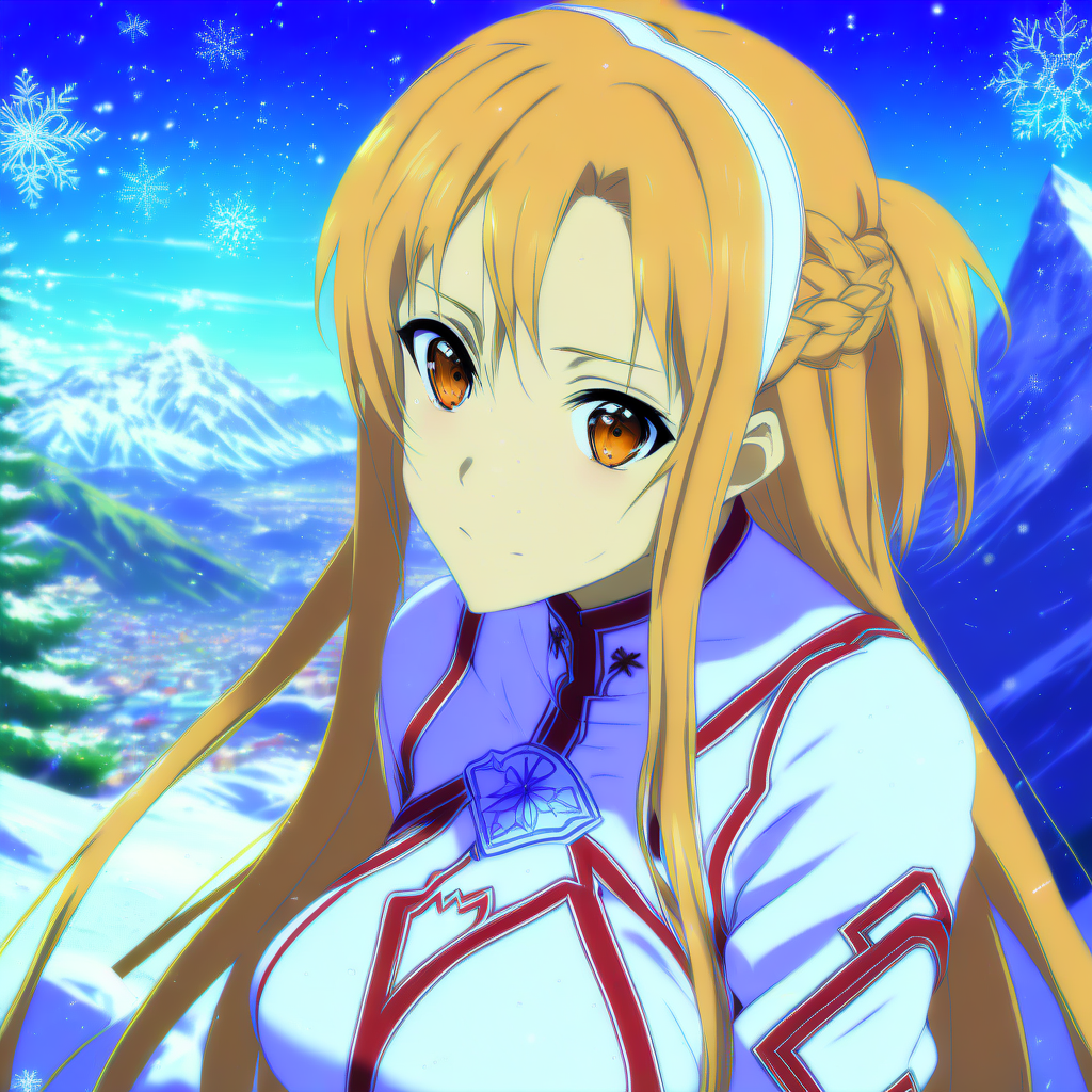 ((asuna)), ((masterpiece)), highres, asuna \(sao\), crown braid, light orange hair, looking at viewer, mountain, dutch-angle, snow, snowflakes