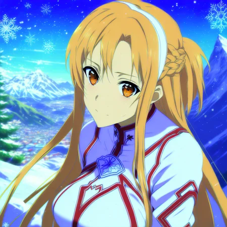 ((asuna)), ((masterpiece)), highres, asuna \(sao\), crown braid, light orange hair, looking at viewer, mountain, dutch-angle, snow, snowflakes