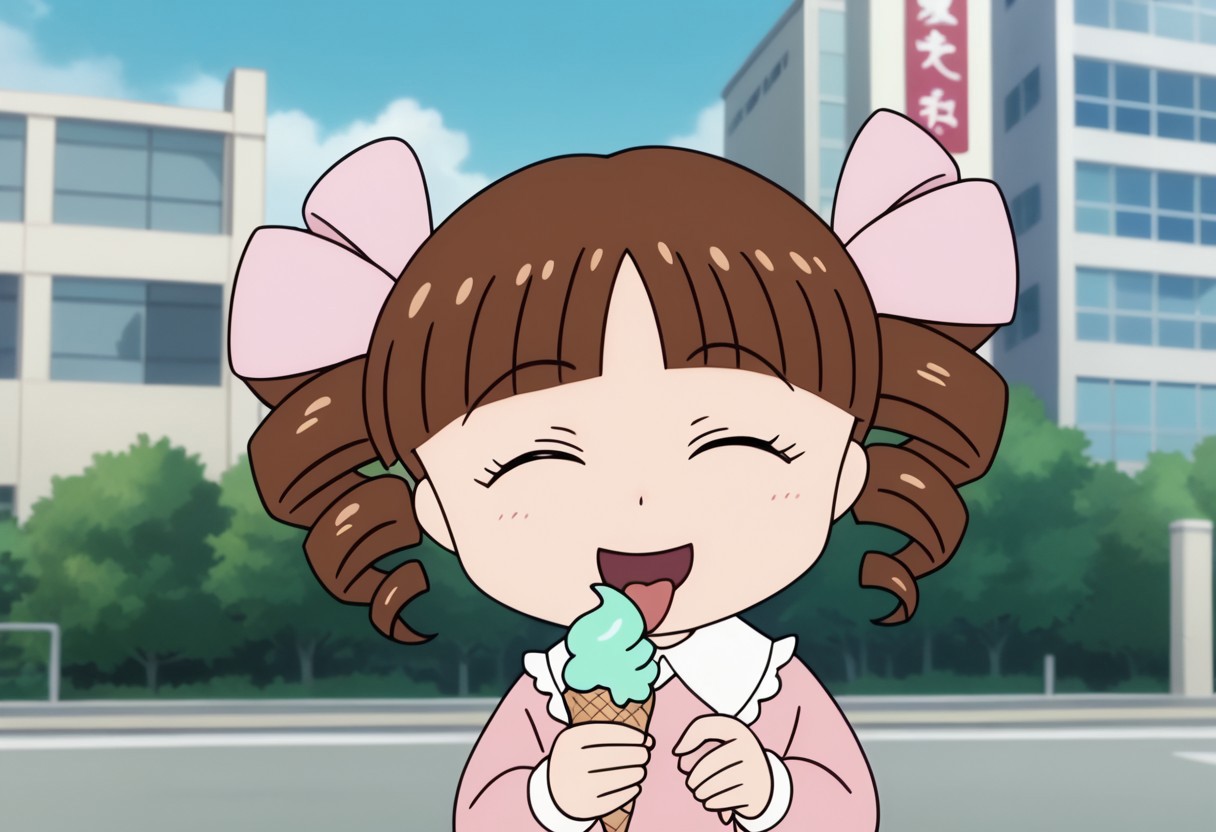 score_9, score_8_up, score_7_up BREAK HimekoJ, 1girl, brown hair, hair drills, blunt bangs, closed eyes, light pink ribbons, white-collared long-sleeved light pink dress, face view, face closeup, tongue out, eating ice cream, holding ice cream, happy, screenshot, official art, parody, anime footage, official design, screencap, anime screenshot, official screenshot, 2d, anime, source_anime, solo, solo focus, city background, city outdoors,