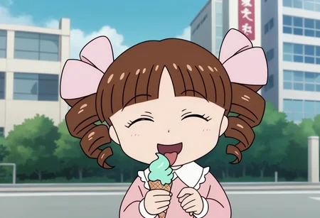 score_9, score_8_up, score_7_up BREAK HimekoJ, 1girl, brown hair, hair drills, blunt bangs, closed eyes, light pink ribbons, white-collared long-sleeved light pink dress, face view, face closeup, tongue out, eating ice cream, holding ice cream, happy, screenshot, official art, parody, anime footage, official design, screencap, anime screenshot, official screenshot, 2d, anime, source_anime, solo, solo focus, city background, city outdoors,