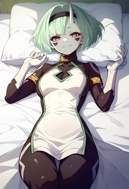 score_9, score_8_up, score_7_up, source_anime, Koko Zenibako, black skin color, 1girl, solo, horns, short hair, dress, looking at viewer, breasts, black hairband, hairband, facial mark, green hair, pink eyes, colored skin , smile, white dress, white bed, lying<lora:Koko Zenibako pony:1>