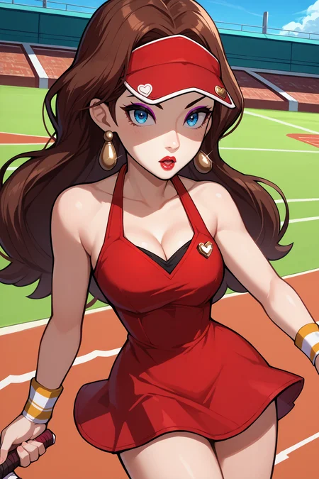 score_9, score_8_up, score_7_up, score_6_up, source_anime, 1girl, solo, <lora:pauline-pdxl-nvwls-v1-000005:1> smopalne, brown hair, long hair, blue eyes, eyeshadow, lipstick, earrings, red visor cap, red sundress, cleavage, sleeveless dress, wristband, tennis uniform, large breasts, field, sky, city, blue sky, looking at you, chestnut mouth, thighs