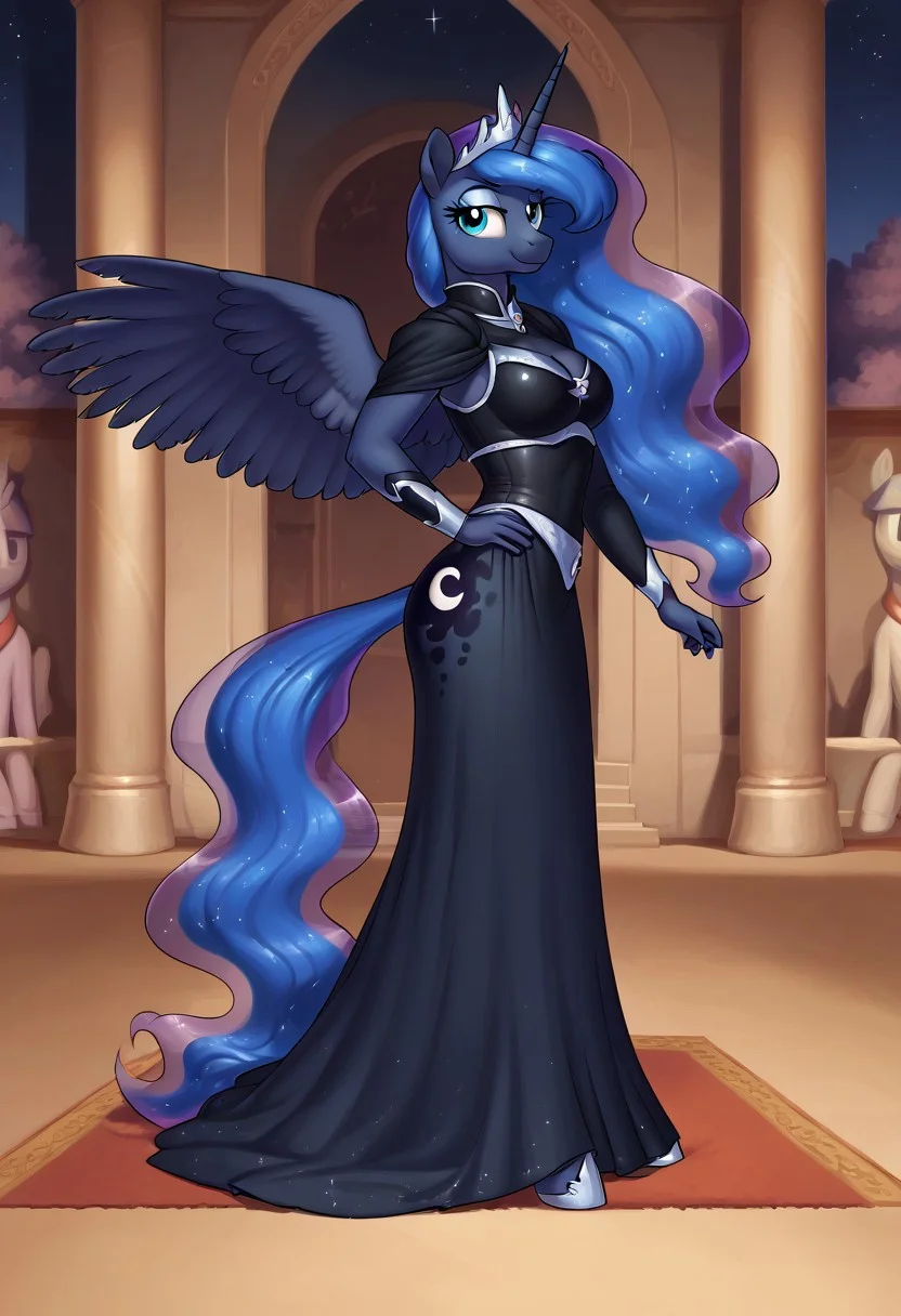 score_9, score_8_up, score_7_up, (detailed textures, digital artwork), ((night, palace, throne, carpet, meesh style)), (((easynegative, full body, solo))), (blue-black fur, female, anthro pony, Princess Luna_(mlp):1.00), ((long hair, bangs)), ((wings, unicorn, horn, pony hooves, snout, tail, ears, cyan eyes, eyelashes)), ((black princess outfit, silver tiara:1.30)), ((smile, posing, elegant pose)),