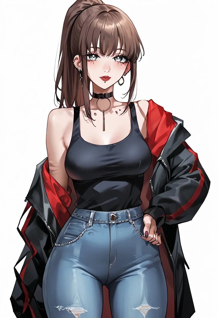 score_9, score_8_up, score_7_up, score_6_up, 1girl, expulse, medium hair, side-swepped bangs, brown hair, purple streaks, ponytail, BREAK, grey eyes, short neck, gorgeous lips, ear piercings, BREAK, medium breasts, pale skin, BREAK, solo, alone, black tanktop, tight jeans, sexy gal, no make-up (masterpiece:1.2), best quality, high resolution, unity 8k wallpaper, (illustration:0.8), (beautiful detailed eyes:1.6), extremely detailed face, perfect lighting, extremely detailed CG, (perfect hands, perfect anatomy),