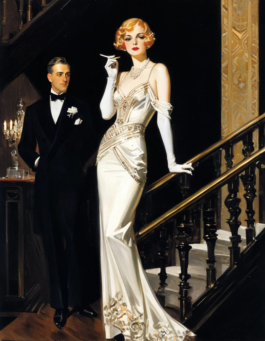 JCLeyendecker painting The 1920s-style vertical painting, rendered in oils, features a stylishly dressed woman and a portion of a man descending a staircase. The scene is set against a solid black background extending from the top left corner, which has a chandelier, to the entire right side. The woman, positioned on the left, is poised halfway down the ornate, gold-colored staircase. She wears a pale pink slip dress, with spaghetti straps draping over her shoulders. An off-white, possibly fur wrap is draped around her, emphasizing the luxury of the scene. She wears white or beige gloves that go to her elbow. Her face is painted with precision, showing her facial features and expression. To the right of the woman, the chest up of a man in a white tuxedo is seen. His hand, holding a cigarette, is visible. The man has a flower pinned to his left lapel. The most ornate design element is the staircase railing, rendered in shades of gold. Its intricate patterns and detailing contribute to the atmosphere of opulence. In the upper left corner, a chandelier is partially visible, adding to the overall sense of grandeur. Its color aligns with the staircase railing. The contrast against the black backdrop helps the elements of the picture pop and appear to shine..<lora:JCLeyendecker1-000001:1>