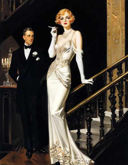 JCLeyendecker painting The 1920s-style vertical painting, rendered in oils, features a stylishly dressed woman and a portion of a man descending a staircase. The scene is set against a solid black background extending from the top left corner, which has a chandelier, to the entire right side. The woman, positioned on the left, is poised halfway down the ornate, gold-colored staircase. She wears a pale pink slip dress, with spaghetti straps draping over her shoulders. An off-white, possibly fur wrap is draped around her, emphasizing the luxury of the scene. She wears white or beige gloves that go to her elbow. Her face is painted with precision, showing her facial features and expression. To the right of the woman, the chest up of a man in a white tuxedo is seen. His hand, holding a cigarette, is visible. The man has a flower pinned to his left lapel. The most ornate design element is the staircase railing, rendered in shades of gold. Its intricate patterns and detailing contribute to the atmosphere of opulence. In the upper left corner, a chandelier is partially visible, adding to the overall sense of grandeur. Its color aligns with the staircase railing. The contrast against the black backdrop helps the elements of the picture pop and appear to shine..<lora:JCLeyendecker1-000001:1>