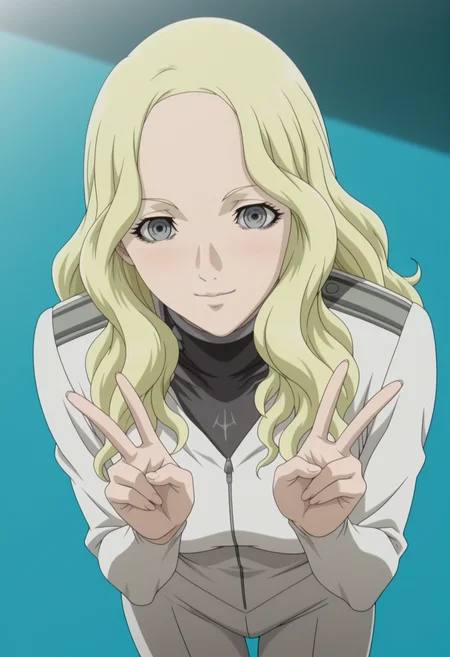 masterpiece, best quality, amazing quality, anime coloring, anime screencap, 1girl, <lora:DX888TeresaIL:1> teresa, grey eyes, blonde hair, wavy hair, long hair, body suit, light smile, BREAK pastel background, blue background from above, double v,