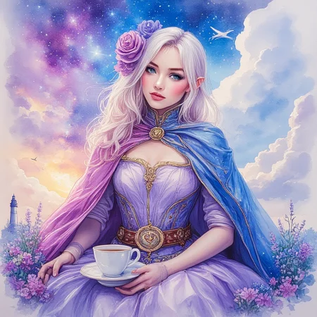 purple rose, teacup, belt, upper body, eyelashes, sitting, cape, pauldrons, ArsMJStyle, A painting of a colorful nebula in the sky., armor, standing, watercolor landscape, A watercolor painting of a lighthouse in a field of flowers., bed, blue flower, airplane