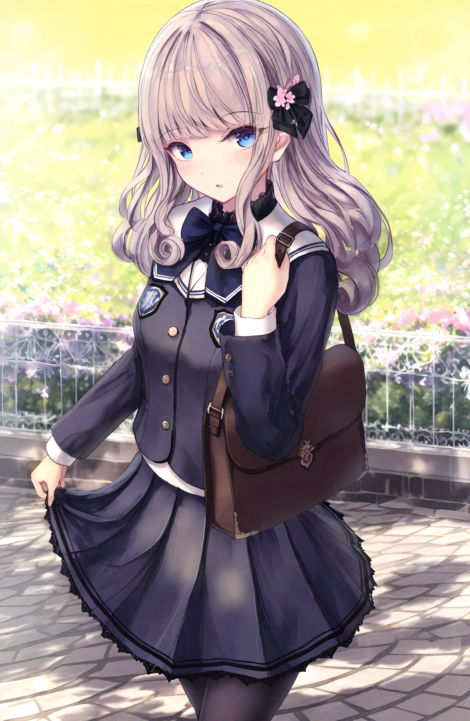1girl, solo, long_hair, looking_at_viewer, blush, blue_eyes, shirt, skirt, long_sleeves, hair_ornament, bow, standing, jacket, school_uniform, flower, pantyhose, outdoors, pleated_skirt, parted_lips, day, bowtie, blunt_bangs, bag, blurry, black_pantyhose, black_bow, blurry_background, depth_of_field, pink_flower, curly_hair, fence, skirt_hold