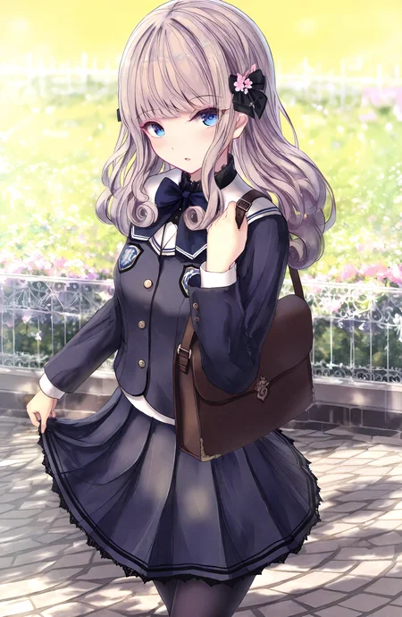 1girl, solo, long_hair, looking_at_viewer, blush, blue_eyes, shirt, skirt, long_sleeves, hair_ornament, bow, standing, jacket, school_uniform, flower, pantyhose, outdoors, pleated_skirt, parted_lips, day, bowtie, blunt_bangs, bag, blurry, black_pantyhose, black_bow, blurry_background, depth_of_field, pink_flower, curly_hair, fence, skirt_hold