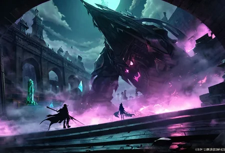 houtline, digital_art, (Best quality), standing, building, weapon, hat, pillar, from_behind, a wizard  fighting a legendary chess boss, glowing, cape, fog, silhouette, full_body, outdoors, sword, indoors, holding, long_hair, night, 1boy, fight_group, sky, (scenery),  holding_weapon, stairs, (monster), battle, dress, facing_away, (boss_fight:1.2), cloak, hood, long_sleeves, arch, witch_hat, male_focus, lamppost, blonde_hair, ruins, gloves, sitting, science_fiction, dark, light, reflection, full_moon, floating, witch, bridge, hitodama, holding_sword, legendary_monster, coat, night_sky, (dutch_angle:1.2), (size_difference:1.4), street_view, street, glowing_eyes, light_rays, rain, motion_blur, motion_lines,  from_side, chess_(theme), tower_(theme), chess, queen_chess_piece, Piece_monster, , boots, short_hair, railing, sign, ghost, crystal, wide_sleeves, pants, lights, skyscraper, red_eyes, walking, cloud, blue_hair, hooded_cloak, multiple_girls, epic, staff, (statue), riding, creature, legs_apart, full_armor, castle, planted_weapon, purple_lights, smoke, purple smoke, Aqua_(theme)