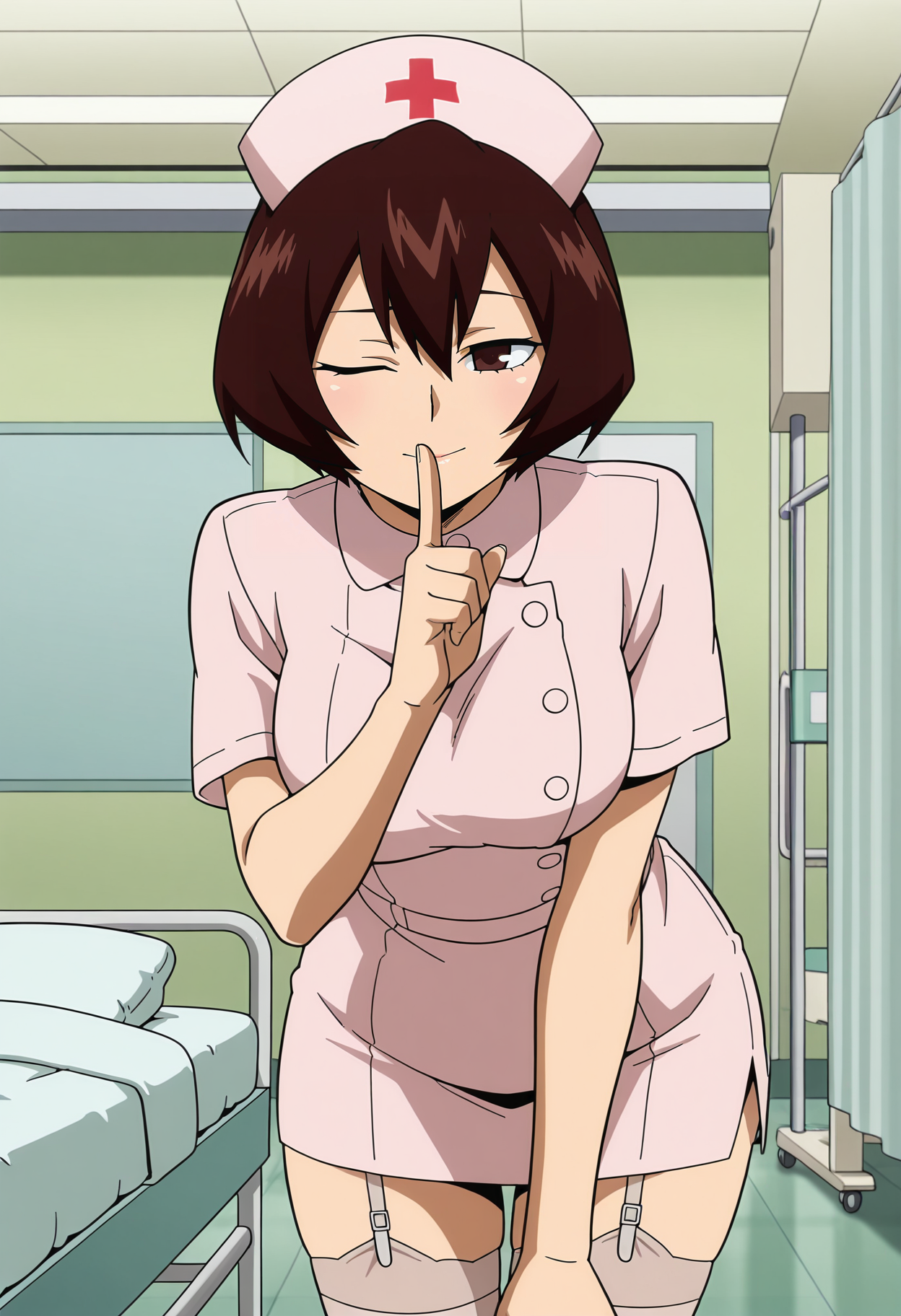 1girl,solo,mm,mature female,brown hair,brown eyes,short hair,anime coloring,
nurse, nurse cap, garter belt, thighhighs, cowboy shot, shushing, one eye closed, indoors,hospital, 
,masterpiece,best quality,amazing quality,<lora:mandalay-My_Hero_Academia:0.8>