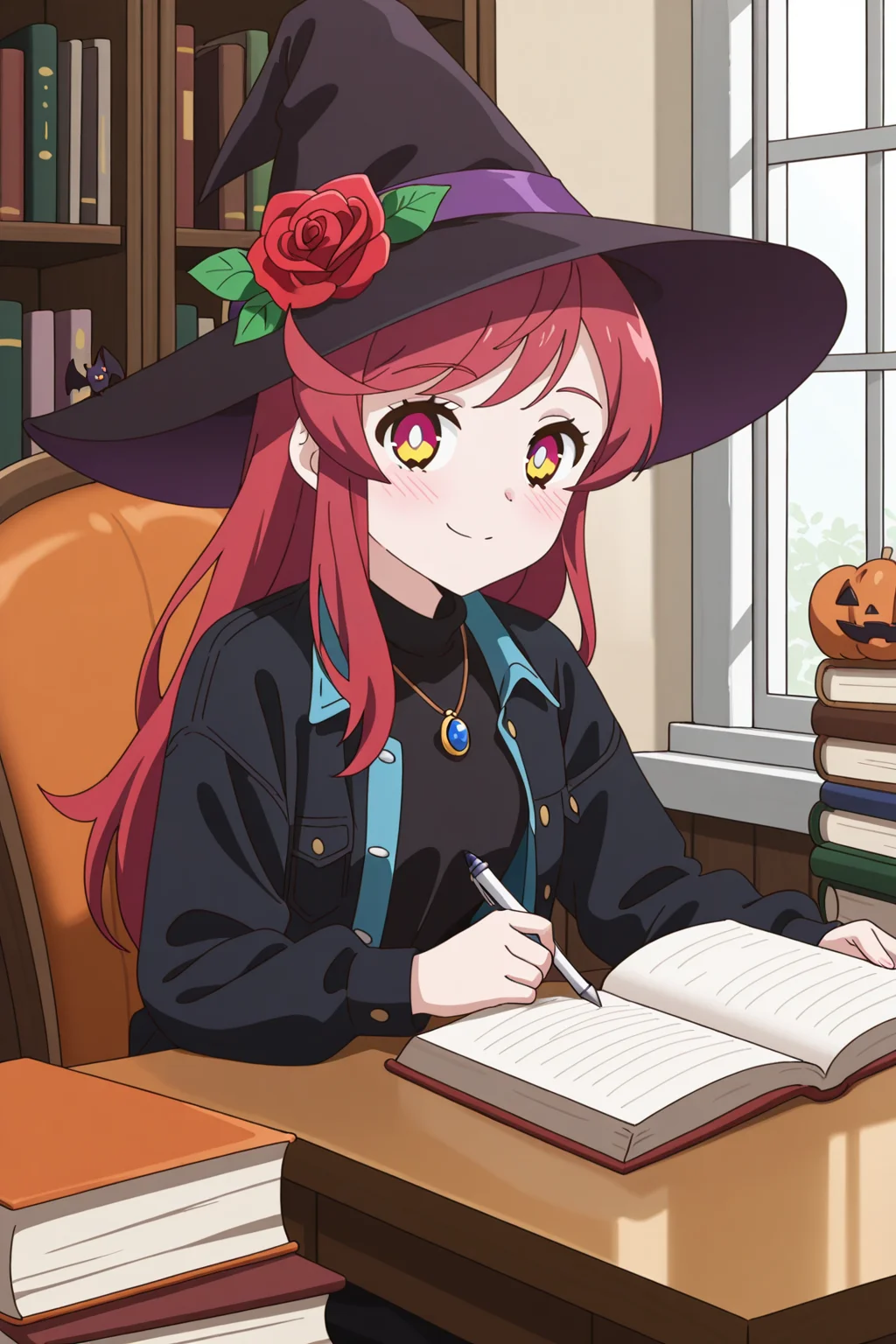 <lora:AcroTrip:1>, AcroTrip, 1girl, book, hat, solo, witch hat, window, indoors, jewelry, smile, looking at viewer, necklace, holding, bookshelf, sitting, hat flower, flower, black headwear, long sleeves, chair, open clothes, open book, jacket, bat \(animal\), shirt, on chair, book stack, black jacket, open jacket, rose, red flower, black shirt, closed mouth, upper body, holding pen, pen, blush, table, witch