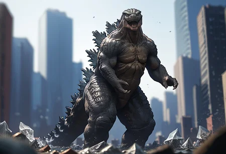 Score_9, score_8_up, score_7_up, score_6_up, zPDXL3, cowboy shot, monster focus, BREAK, realistic,hyperrealism,ornate,studio photograph, skinny Godzilla kaijuu,gigantic monster, model_buildinga, model_kit_(medium), city skyline, plastic buildings, forced perspective, blurry background, building