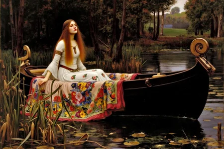 jwwaterhouse1 painting. A young woman seated on top of a colorful blanket inside a small ornate wooden boat. There are some reeds beside the boat. She wears a flowing, pale gown adorned with delicate floral patterns, her long, loose hair cascading around her shoulders. Her face is melancholic. There is a forest in the background. <lora:jwwaterhouse1_cap_d6a3e11:1.0><lora:829534257325253116:0>