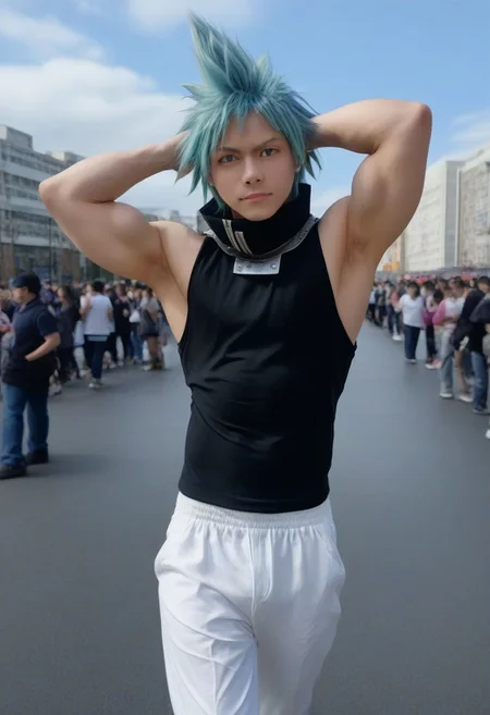 ((masterpiece)), ((best quality)), ((ultra-detailed)), ((absurdres)), score_9_up, score_8_up, score_7_up,
HD, top quality, best quality, amazing quality, High-quality illustrations, anime screencap, source_anime, best aesthetic, perfect proportions, perfect eyes, 1boy, 1male, solo boy, solo male, male focus, solo male focus, boy, real human, human male, asian, japanese, handsome, attractive, cute, charming, sexy, hot, ((tall, tall body, tall height)), ((fit body, lean body, slim waist, slender body)), easynegative, Expressiveh, neghands, updn, Male Cosplayer, cosplay costume, cosplay wig, colored contact lenses, ((sleeveless black top, white pants, light blue hair, spiked hair, green eyes, black star, showing armpits, hands behind head, cloud strife cosplay)), cosplay convention event, ((public event, many people walking background)), posing, happy, smiling