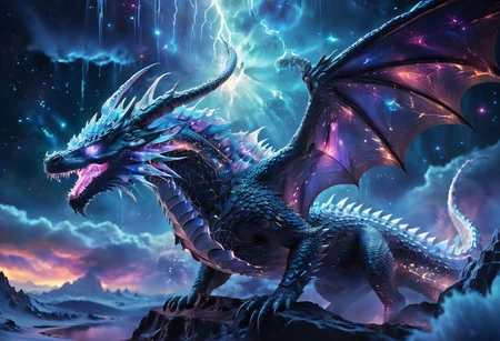 high quality, (furry white (exotic dragon)), (short hair dragon), (white sparkling fur), extremely detailed and beautiful fantasy dragon, a massive, (covered in soft, (downy fur)), with (enormous, nebula, bat-like wings) that (glimmered with ethereal starry quality), (nebula wings), translucent magical starry wings, glowing within, blue and white colors, beautiful vibrant vast (floating realm)), towering, cloud-capped peaks, (moon lit clouds) with (crystalline rivers and streams), sharp focus, intricate, (starry night sky), detailed illustration, beautiful color palette, incredible details, high contrast, high dynamic light, glowing magical moonlight, bioluminescent creature, intricately detailed, true masterpiece, dgbrth1, nebula, glowneon, glowing, sparks, lightning, an14, ghastly dragon, SyFyEye1, valley above clouds, syfyeye1, 1other, waves, pants, lens flare, <lora:SyFyEye1_XL_v1.0:1>
