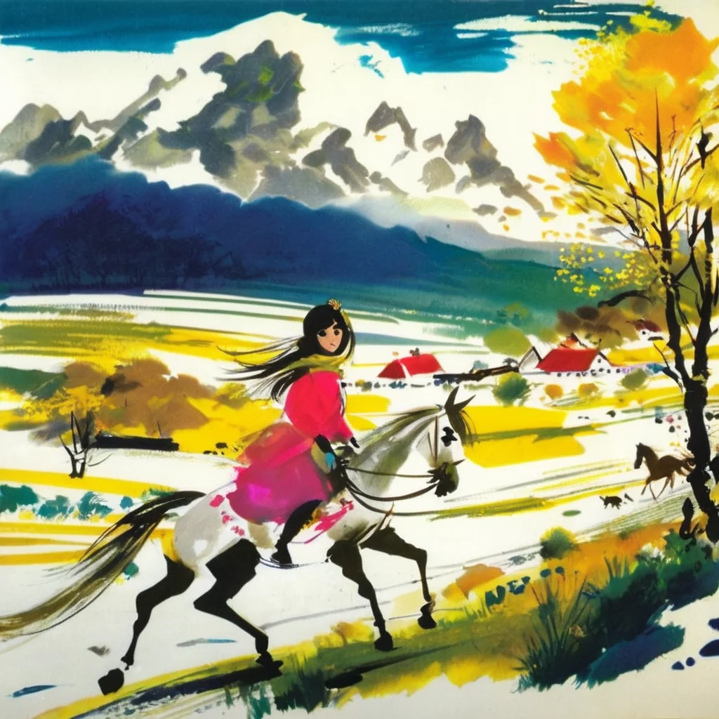 grabianski girl riding a horse in the landscape background <lora:grabianski:1>