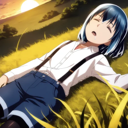 sharp focus, pixiv masterpiece, score_9, score_8_up, source_anime, score_7_up, best quality, high res, absurd res, BREAK
<lora:Hina_hinamatsuri_illustrious_v32:1>, hina_matsuri_il, (1girl, solo:1.6), short_hair, blue_hair, white_collared_shirt, suspenders, jeans_shorts, black_stockings, cowboy shot, outside, tall grass, yellow grass, sunset, sleeping, closed_eyes, (drooling:0.5), lying in grass