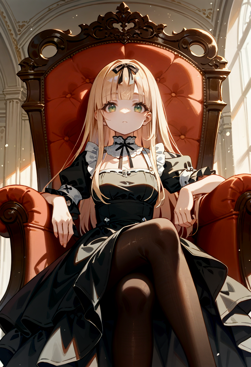 score_9, score_8_up, score_7_up,score_6_up,score_5_up,source_anime, watercolor \(artwork\), rating_safe,
BREAK
1girl, solo, blonde hair, long hair, bangs, blunt bangs,sidelocks, green eyes, black ribbon, straight hair,
alternate costume, inside, room, gorgeous room, throne, sitting, expressionless,crossed legs, low-angle view,(dress, black dress:1.2), black pantyhose, 
 <lora:yuudachi.pony:1> yuudachi, def,