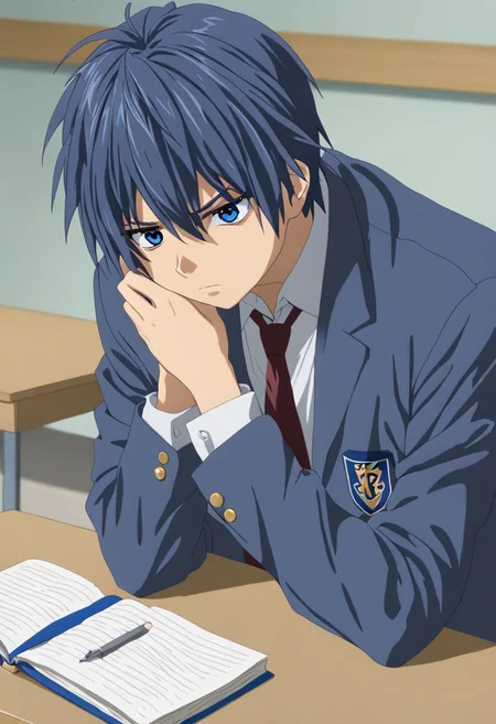 Anime Style, easynegative, detailed_eye_model, Highres, Masterpiece, High Quality, 4K, 8K, solo, 1boy, Tomoya Okazaki, Deep Blue Eyes, Grey Blue Hair, school, school uniform, bench, table, anxious, restless, tired, confused, textbooks, packed lunches, school bags, stuffy
