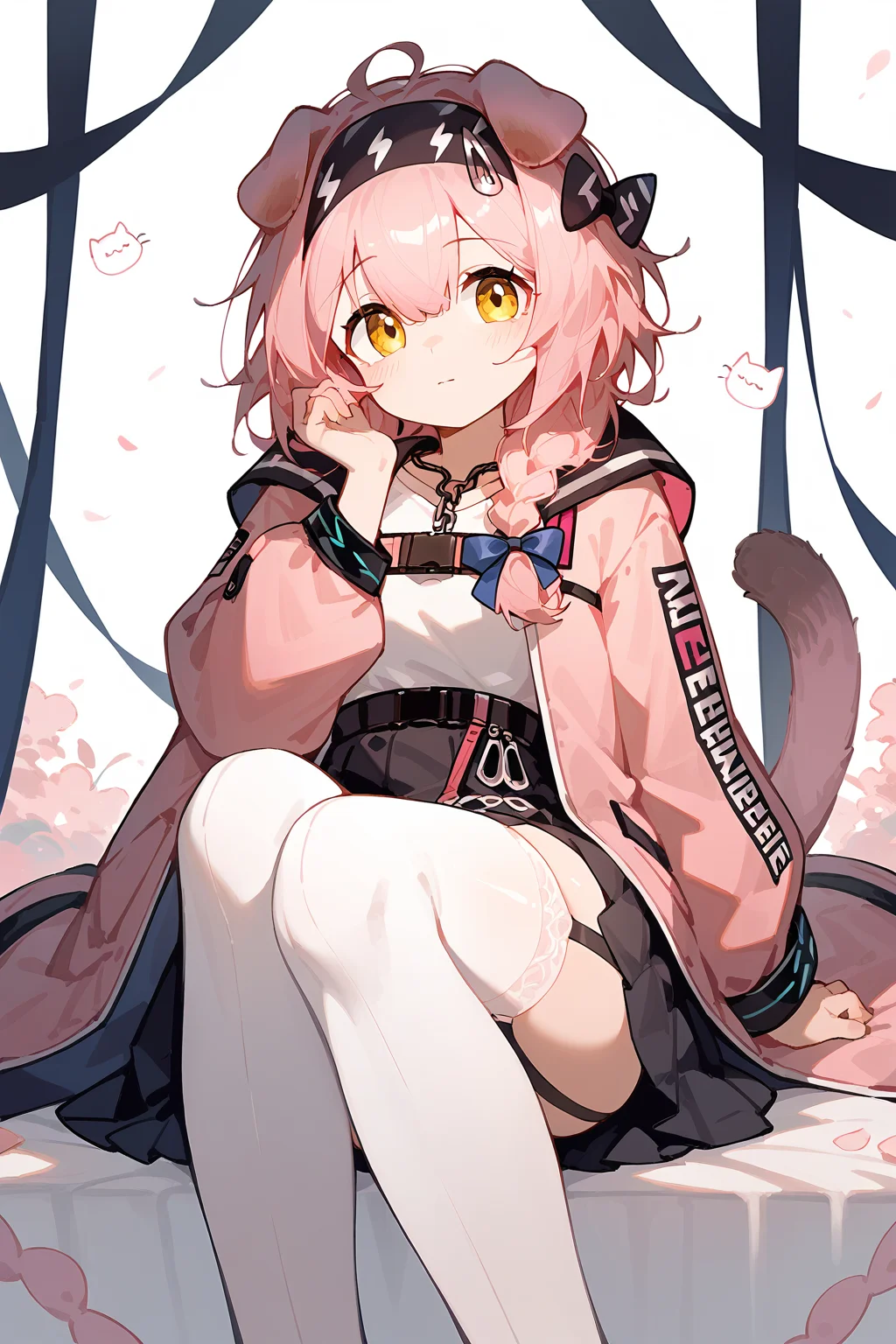 (score_9,score_8_up,score_7_up),<lora:Goldenglow(Arknights)-v1-000008:0.8>,goldenglow (arknights),1girl,solo,animal ears,yellow eyes,garter straps,cat ears,thighhighs,long hair,skirt,white thighhighs,braid,black skirt,pink hair,hairband,tail,cat tail,long sleeves,pink coat,jacket,pink jacket,bow,blue bow,looking at viewer,black hairband,cat girl,bangs,shirt,floppy ears,open clothes,open jacket,hair between eyes,white shirt,
good feet,anime,NSFW,expressive,amazing quality,ultra hd 32k,