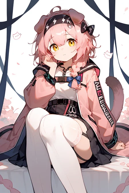 (score_9,score_8_up,score_7_up),<lora:Goldenglow(Arknights)-v1-000008:0.8>,goldenglow (arknights),1girl,solo,animal ears,yellow eyes,garter straps,cat ears,thighhighs,long hair,skirt,white thighhighs,braid,black skirt,pink hair,hairband,tail,cat tail,long sleeves,pink coat,jacket,pink jacket,bow,blue bow,looking at viewer,black hairband,cat girl,bangs,shirt,floppy ears,open clothes,open jacket,hair between eyes,white shirt,
good feet,anime,NSFW,expressive,amazing quality,ultra hd 32k,