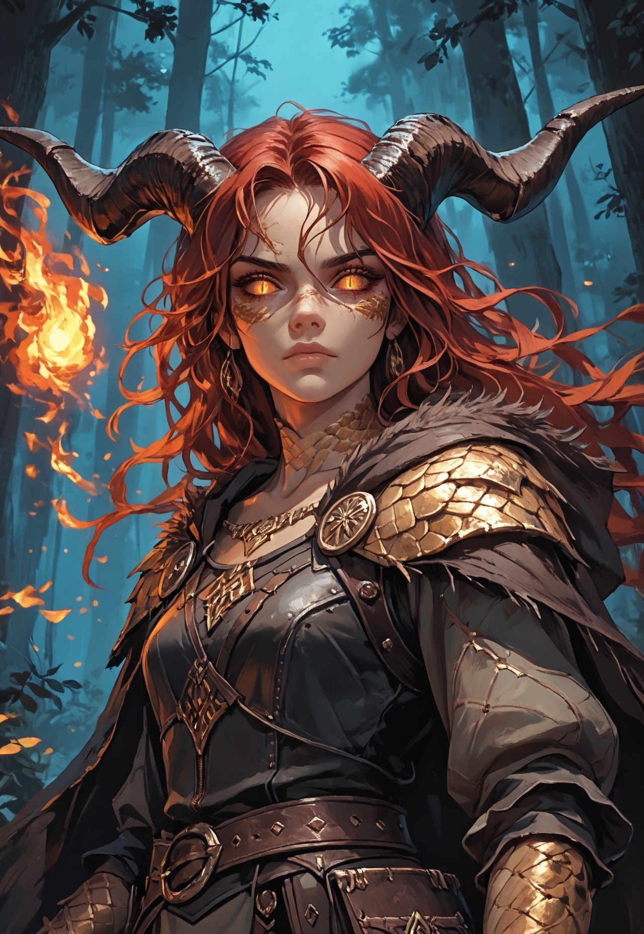 safe_pos, ((zPDXL3)), (score_9, score_8_up), score_7_up, score_6_up, score_5_up, score_4_up, (masterpiece, highest quality, best quality), Digital painting style, brushstrokes, front-shot, low angle, 
1girl, solo, Adult Woman, Slender Build, bronze skin, tan skin, very-long hair, wild hair, red hair, hair between eyes, looking at viewer, orange eyes, slit pupils, black pupils, plain expression, medium breast, (extremely detailed face and eyes), closed mouth, collarbone, outdoors, tree, night, nature, leather armor, forest, in tree, hood, fur cloak, horns, large horns, jewelry on horns, (face scales, neck scales, shoulder scales), casting spell, fire energy, glowing fire, (golden scales:1.2), golden dragon, dragon girl,