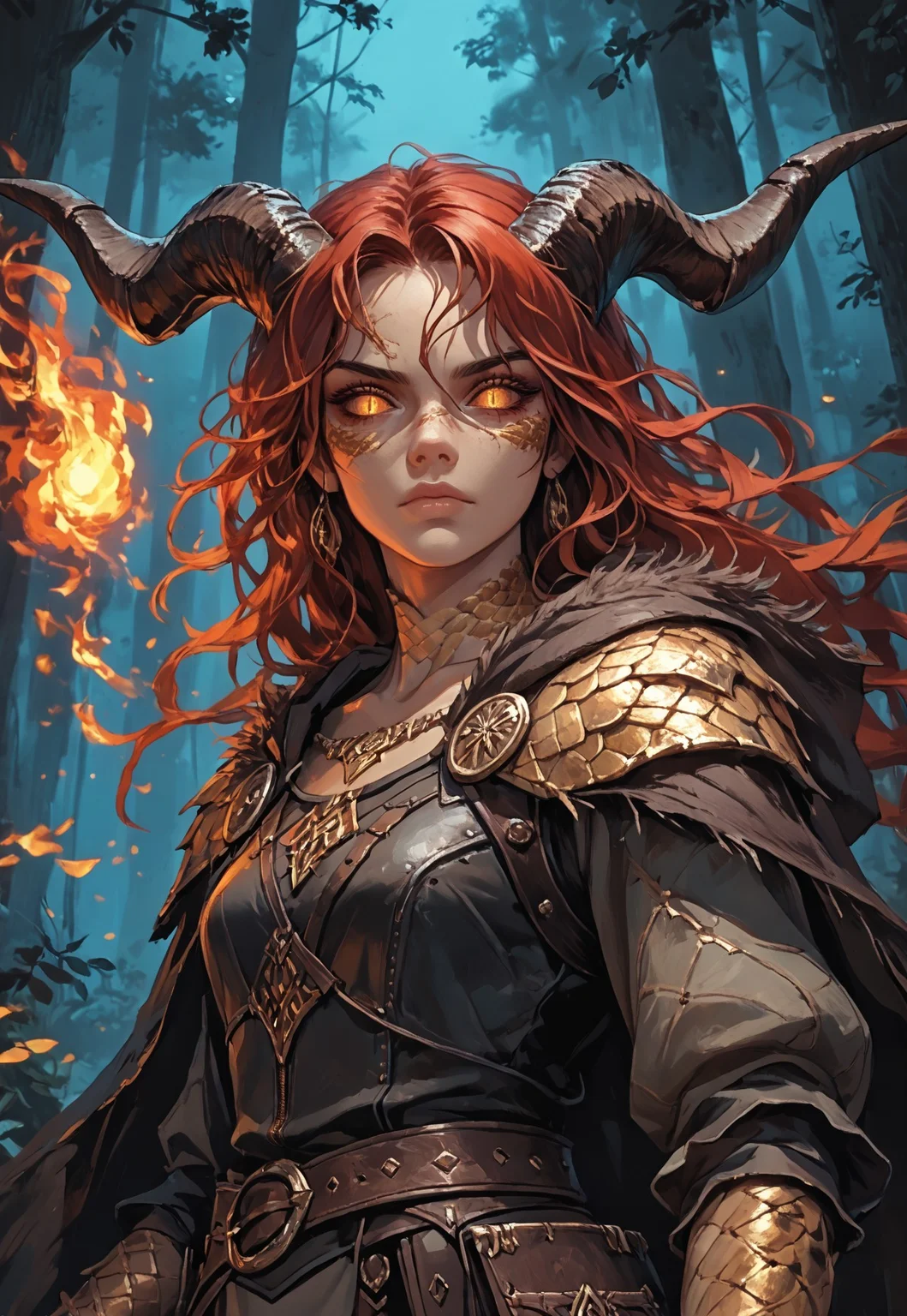 safe_pos, ((zPDXL3)), (score_9, score_8_up), score_7_up, score_6_up, score_5_up, score_4_up, (masterpiece, highest quality, best quality), Digital painting style, brushstrokes, front-shot, low angle,
1girl, solo, Adult Woman, Slender Build, bronze skin, tan skin, very-long hair, wild hair, red hair, hair between eyes, looking at viewer, orange eyes, slit pupils, black pupils, plain expression, medium breast, (extremely detailed face and eyes), closed mouth, collarbone, outdoors, tree, night, nature, leather armor, forest, in tree, hood, fur cloak, horns, large horns, jewelry on horns, (face scales, neck scales, shoulder scales), casting spell, fire energy, glowing fire, (golden scales:1.2), golden dragon, dragon girl,