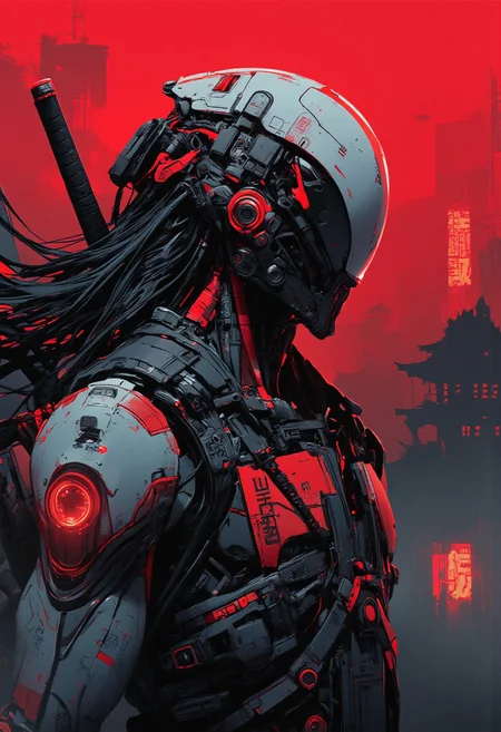 nistyle , Silhouette Art, magnificent, closeup portrait of asian female cyberpunk samurai, helmet with mirrored visor, hyperdetailed helmet, flowing black hair, reflective white and neon red armor, a katana strapped to her back, abstract background suggesting eastern temple