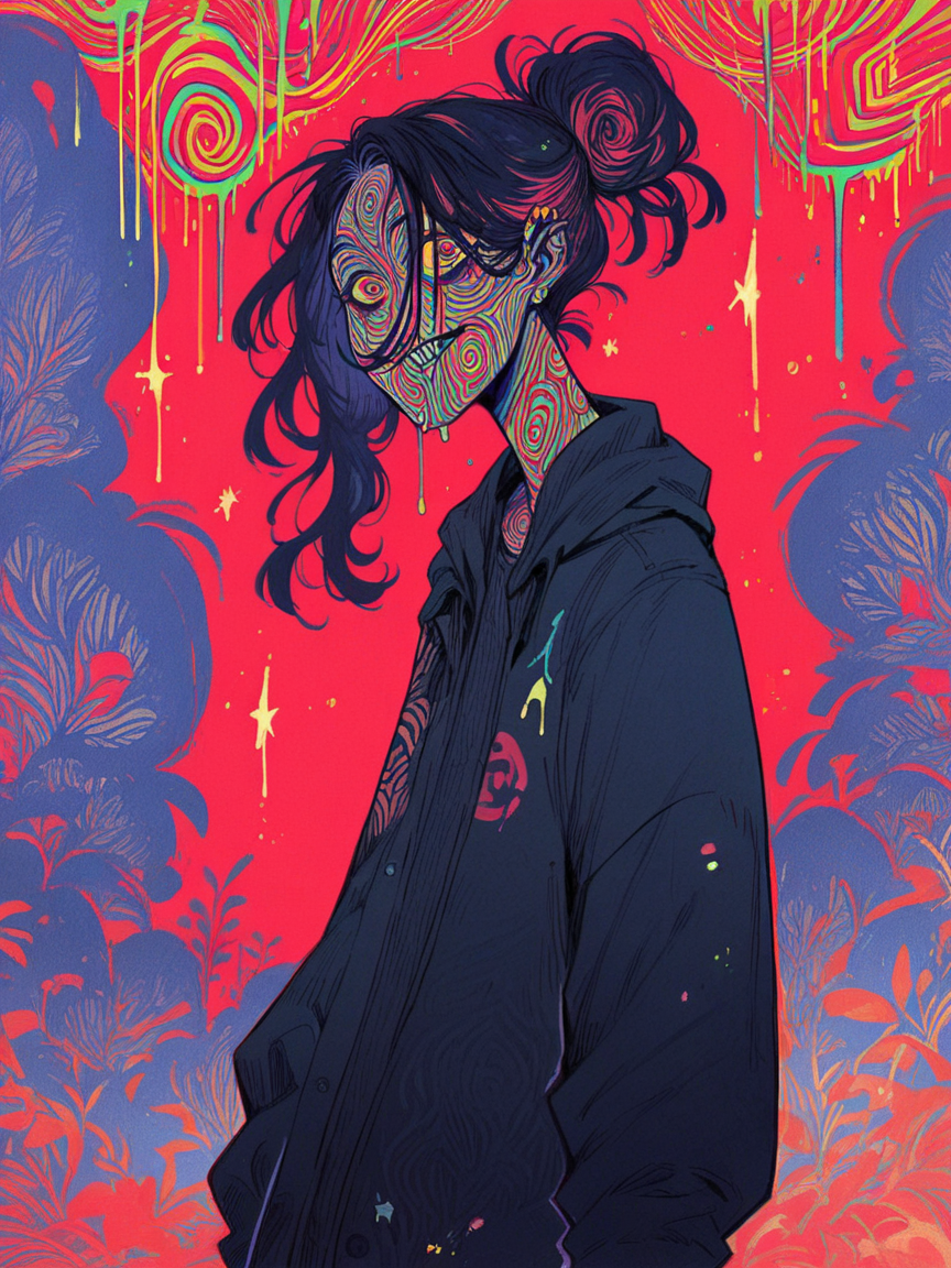score_9, score_8_up, score_7_up, score_6_up, score_5_up, score_4_up,   <lora:f3nn3rXLP:0.9> f3nn3r, 1girl, colourful, pink, blue, black, red, trippy