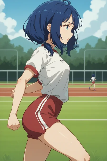 score_9, score_8_up, score_7_up, source_anime, 1girl, prefect lighting, very aesthetic, intricate details, highly detailed background, masterpiece, high quality, prefect hands, best quality, solo,
<lora:Anna_Yanami_Too_Many_Losing_Heroines_V1:.85>, KJOanna, blue hair, blue eyes, medium hair,
gym uniform, white shirt, short sleeves, gym shorts, red shorts,
low twintails,
school, athletics field, grass, athletic track,
standing, looking to the side, from side, running, open mouth,
(Beautiful, small Breasts:1.2), natural breasts,
