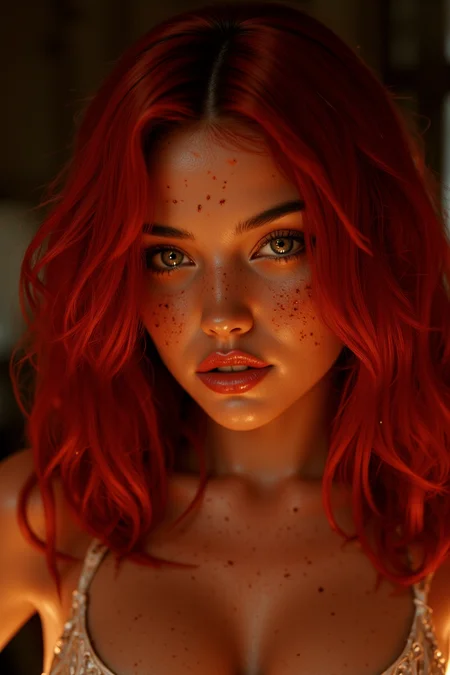 AllisonMixer, hyper realistic 4k resolution photo of a beautiful young woman looking seductively at viewer. Close up shot showing deep reddish skin (covered in ash and embers). Deep red hair that turns into flames near the tips. Image framed in slight flames.