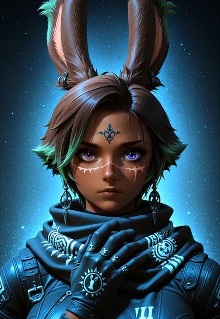 masterpiece, very aesthetic, high score, newest, best quality, FF_V13R4, 1girl, solo, looking at viewer, short hair, brown hair, gloves, animal ears, jewelry, closed mouth, purple eyes, multicolored hair, earrings, green hair, dark skin, scarf, rabbit ears, two-tone hair, tattoo, heterochromia, scar, facial mark, portrait, viera