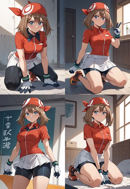 __femalePosesWildcard400_v10/female-poses__,  <lora:MayRSEPony-10:1> May_RS, brown hair, long hair, hair between eyes, medium hair, blue eyes, bandana, red bandana, shirt, red shirt, multicolored shirt, collared shirt, short sleeves, gloves, white gloves, microskirt, skirt, white skirt, shorts, bike shorts, black shorts,, score_9, score_8_up, score_7_up, score_6_up, score_5_up, score_4_up,