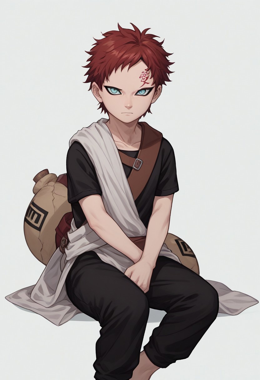 score_9, score_8_up, score_7_up, highly detailed, cute boy, 1boy, solo, young, Gaara, Red Hair, Pale Blue Eyes, Facial Mark, No Eyebrows, Black Short sleeve shirt, White Cloth Sash, white cloth loincloth, lonely, sitting, white background,