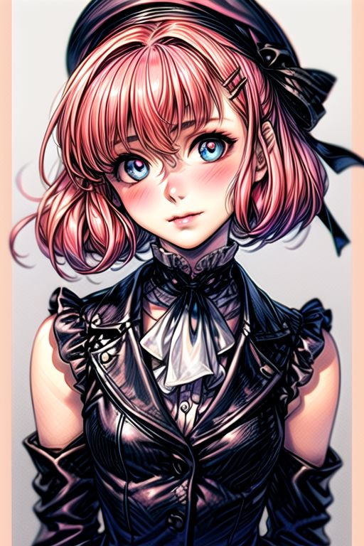 masterpiece, best quality, <lora:lemrina:1>,
lemrina vers envers, 1girl, solo, flower, hairband, dress, blue eyes, bob cut,  short hair, pink hair, blunt bangs, hair ribbon, (best quality) , (highly detailed) ,masterpiece ,absurdres ,detailed face ,beautiful face ,(detailed eyes, deep eyes, anime eyes), 
, headwear removed, hat, smile, , food, hat removed, fruit, black headwear, peach, shirt, holding clothes, looking at viewer, holding, hair ornament, holding hat, center frills, arms up, hairclip, closed mouth, frills, white shirt, sleeveless, alternate hairstyle, white background, ascot, long sleeves,jacket, ribbon, blush, upper body, head tilt, leaf, open clothes, sleeveless shirt, black jacket, buttons, hair between eyes, collared shirt, black ribbon, wing collar, red ascot, coat, off shoulder, hair ribbon, armpits, , puffy sleeves, bow, open jacket, black coat, adapted costume, skirt, border