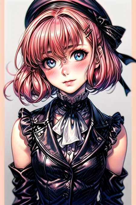 masterpiece, best quality, <lora:lemrina:1>,
lemrina vers envers, 1girl, solo, flower, hairband, dress, blue eyes, bob cut, short hair, pink hair, blunt bangs, hair ribbon, (best quality) , (highly detailed) ,masterpiece ,absurdres ,detailed face ,beautiful face ,(detailed eyes, deep eyes, anime eyes),
, headwear removed, hat, smile, , food, hat removed, fruit, black headwear, peach, shirt, holding clothes, looking at viewer, holding, hair ornament, holding hat, center frills, arms up, hairclip, closed mouth, frills, white shirt, sleeveless, alternate hairstyle, white background, ascot, long sleeves,jacket, ribbon, blush, upper body, head tilt, leaf, open clothes, sleeveless shirt, black jacket, buttons, hair between eyes, collared shirt, black ribbon, wing collar, red ascot, coat, off shoulder, hair ribbon, armpits, , puffy sleeves, bow, open jacket, black coat, adapted costume, skirt, border