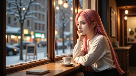 A 20-year-old pink-haired girl with mesmerizing green eyes sits by the window in a cozy café on a winter night. She wears a white sweater and a black pleated skirt,Resting her chin on one hand,she gazes outside at the softly falling snow. Warm café lighting casts a gentle glow on her delicate features,while steam rises from a cup of coffee beside her. The window reflects city lights,adding a dreamy ambiance. Ultra-realistic photography,cinematic composition,soft-focus background.,<lora:aidmaMJ6.1v0.4:0.5>,aidmaMJ6.1,<lora:yuukananri-base-02-flux:0.8>,yuukananri,she has a slender physique and a petite build,