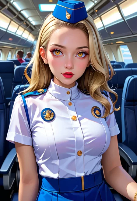 score_9, score_8_up, score_7_up, source_anime, highly detailed,  
1 girl, 23 years old,
margaretp4, blonde hair, long hair, yellow eyes, big breasts,
cabin crew, blue skirt, uniform, white shirt, miniskirt, stewardess hat, pantyhose, black pantyhose, high heels, lipstick,
airport, lounges, standing, From front. cowboy shot,