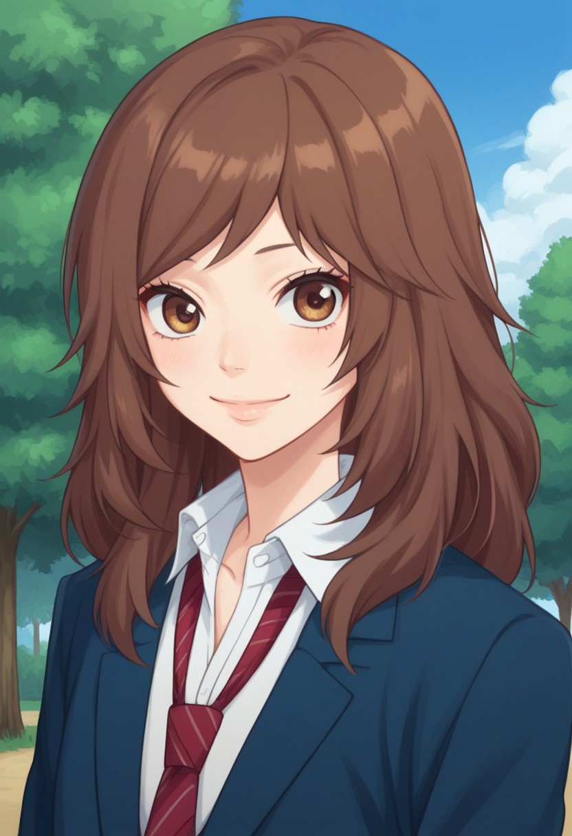 score_9, score_8_up, score_7_up, source_anime, highly detailed, 
futaba, 1girl, solo, brown hair, school uniform, necktie, brown eyes,
jacket,  smile,  red necktie, 
blazer,  standing, looking at viewer,
 long hair, shirt, white shirt, blue jacket, collared shirt, closed mouth
upper body, outdoor, sky, tree