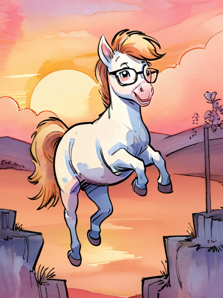 watercolor lineart sketch by Kagan-McLeod, Cute pony in glasses jumping under sunset,  <lora:Kagan-McLeod:0.8>