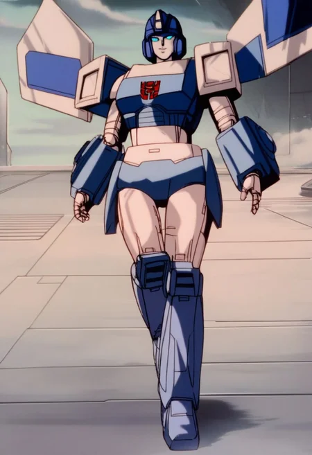 score_9, score_8_up, score_7_up, animation, transformers, 1girl, robot, Decepticon, Tall, slim, Seeker, Starscream glowing eyes, blue eyes, large eyes, circular eyes, white armor, Forard swept wings, transforms into futuristic Stelth Mig Fighter Jet, full body, cowboy shot, smiling, holding null ray blasters, Decepticon Symbol, outer leg armour wrapped around legs (curvy, wider at bottom, knee joint)
<lora:StarScream1.2:1>