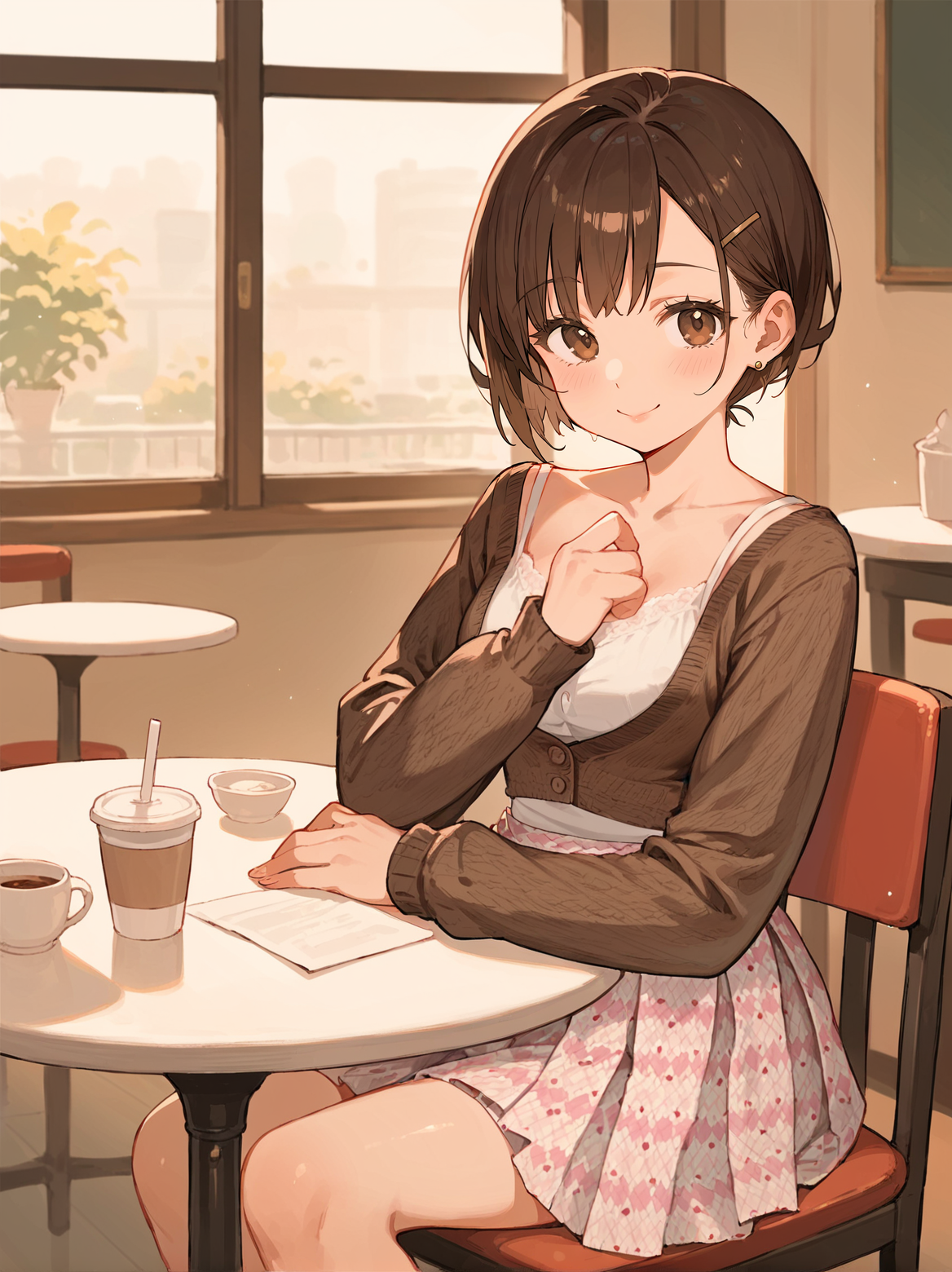 score_8_up, score_7_up, score_6_up, source_anime, 1girl, solo, cafe, chair, table, sitting on chair, pov
smile, 
cropped cardigan, brown cardigan, argyle skirt <lora:Two_Piece_08:1>