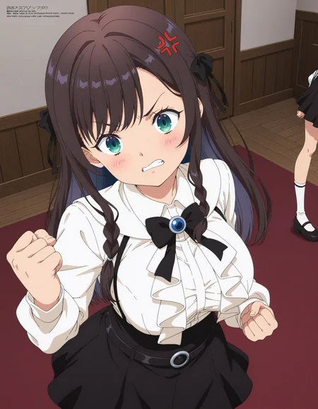 anime artwork (key:-1.5), <lora:Hyper-SDXL-8steps-lora:1>,
masterpiece,best quality,highres,source_anime,anime screencap,anime coloring,megami magazine,sidelighting,shiny luminous,shiny skin,
<lora:Alina_Clover_IL:1>
1girl, (solo:1.5),
Alina_Clover, long hair, breasts, blue eyes, shirt, skirt, brown hair, black hair, long sleeves, bow, ribbon, closed mouth, white shirt, braid, multicolored hair, frills, shoes, collared shirt, socks, belt, bowtie, black skirt,
official alternate costume, miniskirt, black footwear, aqua eyes, bare legs, black bow, swept bangs, white socks, suspenders, colored inner hair, side braid, french braid, mary janes, high-waist skirt, black bowtie,
official alternate hairstyle, meme attire, center frills, suspender skirt, frilled shirt, jirai kei,
indoors,
standing, head tilt, upper body,
teeth, , hand up, v-shaped eyebrows, portrait, clenched teeth, clenched hand, (anger vein:1.5), angry, . anime style, key visual, vibrant, studio anime, highly detailed
