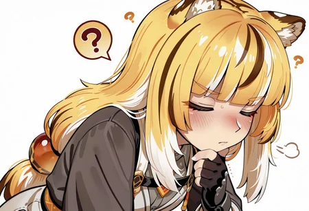 lazypos, girl focus, 1girl, animal ears, tiger ears, closed eyes, blonde hair, ?, multicolored hair, spoken question mark, long hair, white background, upper body, shirt, simple background, blunt bangs, animal ear fluff, hand on own chin, closed mouth, white hair, jacket, collared shirt, black gloves, streaked hair, grey shirt, fingerless gloves, solo, gloves, thinking, blush, two-tone hair, personification, mdstyle, Mizumizuni