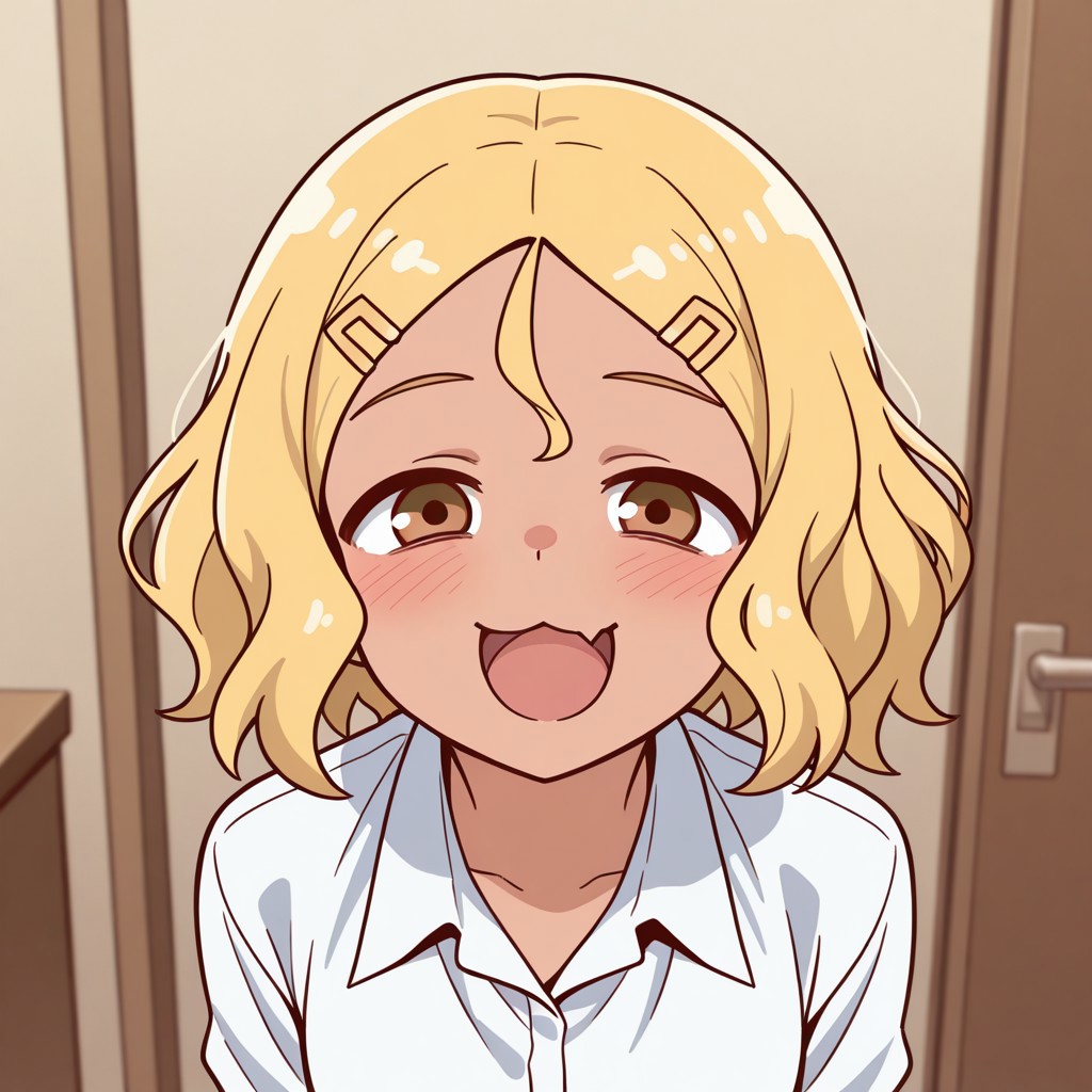 masterpiece, best quality, 32k, high resolution, absurdres, sakura (nagatoro), :3, skin fang, POV, looking at viewer, blush, smile, open mouth, upper teeth only, blonde hair